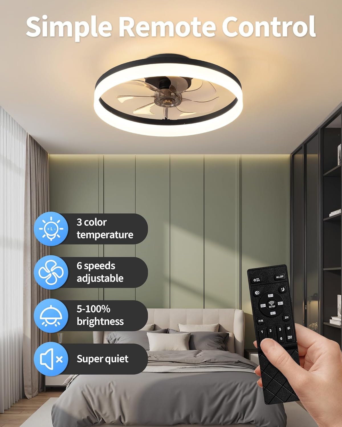 PUSU 15.8 Low Profile LED Ceiling Fans with Light, Reversible Flush Mount with Remote and 6 Winds Speeds Fan Lighting, 3 Colors Dimmable for Bedroom, Garage, Kids, Dinning Room, Kitchen (Black)